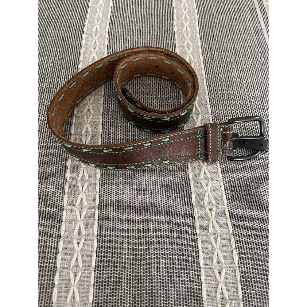 Western Style Leather Belt Brown/Green Stitching Size 38